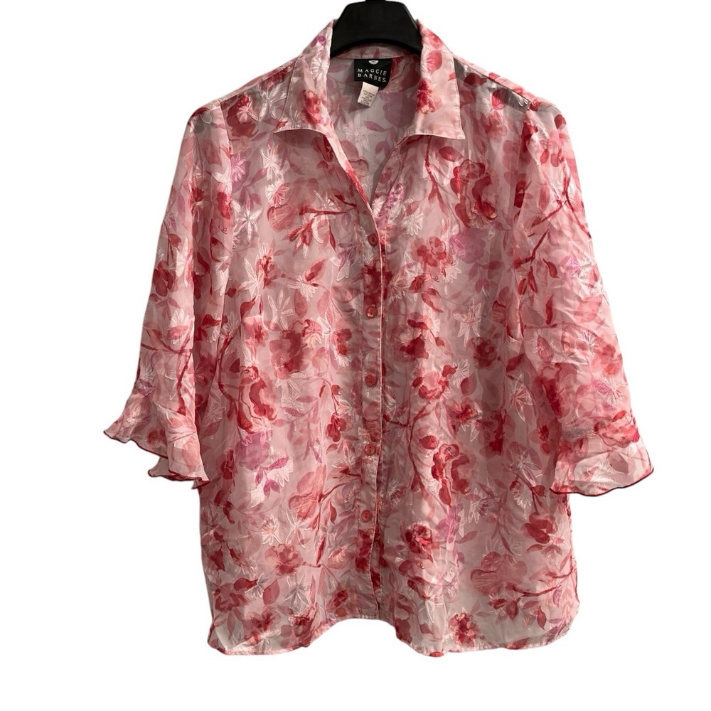 Maggie Barnes Top Womens 20W Pink Chiffon Textured Floral Button Down Artsy